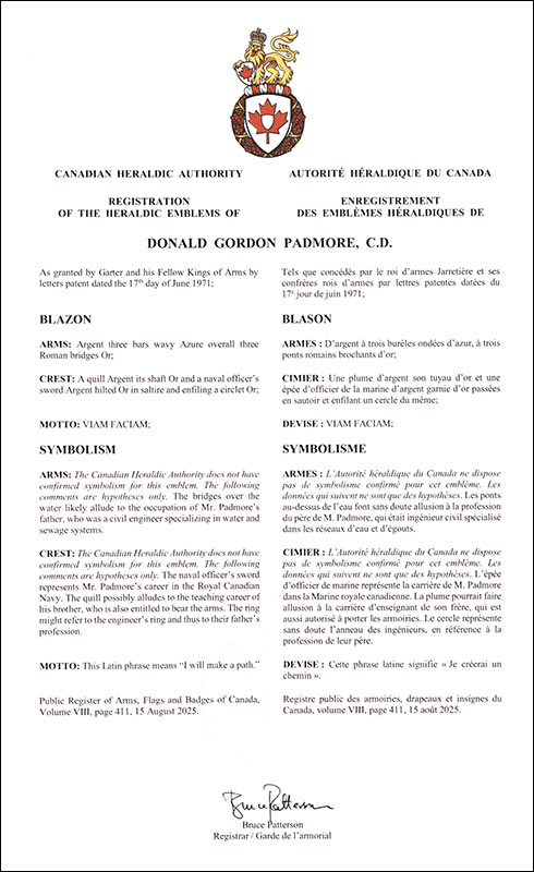 Letters patent registering the heraldic emblems of Donald Gordon Padmore