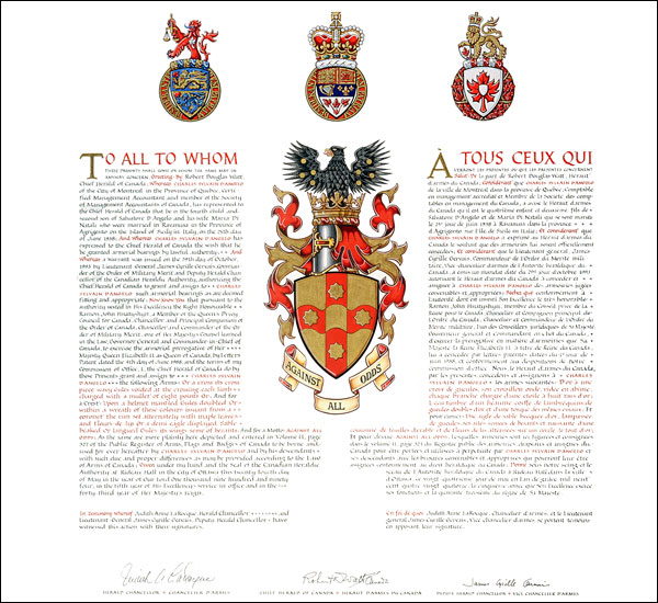 Letters patent granting heraldic emblems to Charles Sylvain D'Angelo
