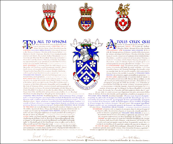 Letters patent granting heraldic emblems to William Neil Fraser