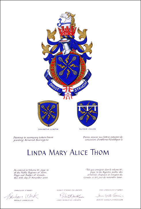 Letters patent granting heraldic emblems to Linda Mary Alice Thom