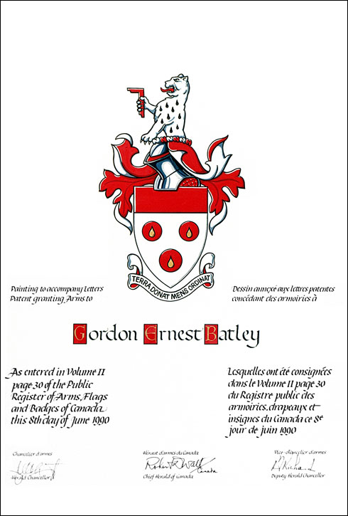 Letters patent granting heraldic emblems to Gordon Ernest Batley