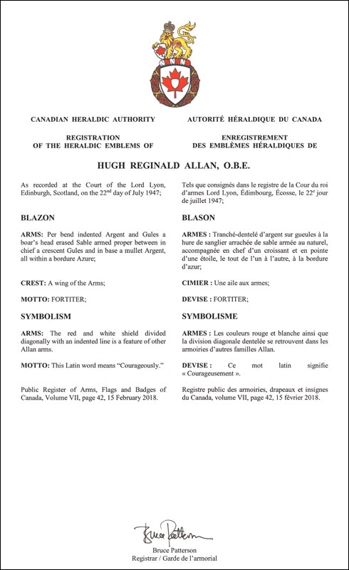 Letters patent registering the heraldic emblems of Hugh Reginald Allan