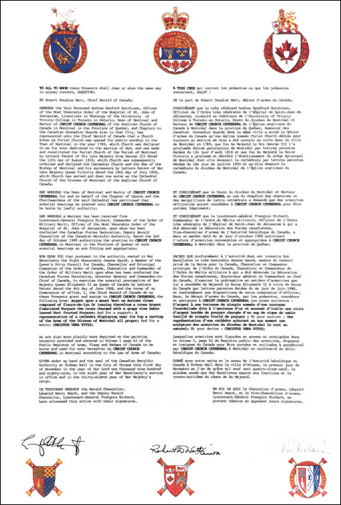 Letters patent granting heraldic emblems to Christ Church Cathedral