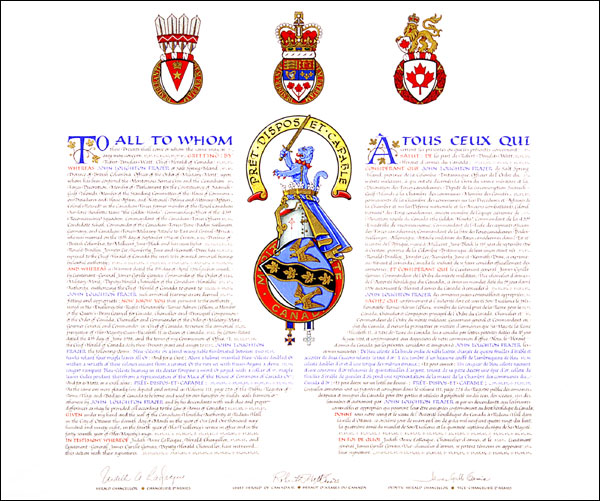 Letters patent granting heraldic emblems to John Loughton Frazer