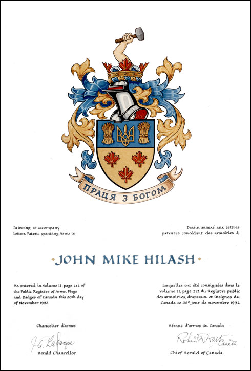 Letters patent granting heraldic emblems to John Mike Hilash