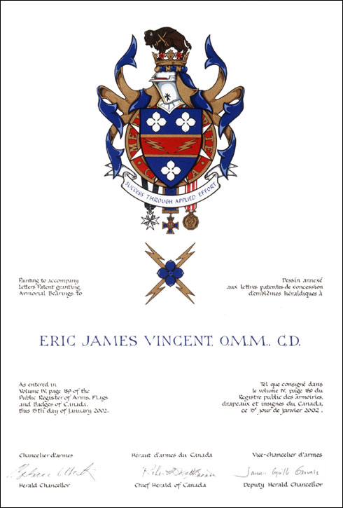 Letters patent granting heraldic emblems to Eric James Vincent