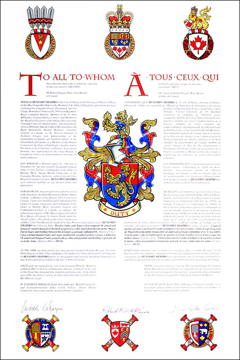 Letters patent granting heraldic emblems to Benjamin Shapiro