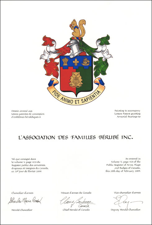 Letters patent granting heraldic emblems to L'Association des familles Bérubé Inc.