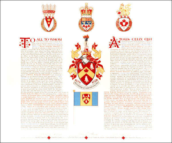 Letters patent granting heraldic emblems to Peter Placide Prescott