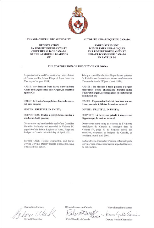 Letters patent registering the heraldic emblems of The Corporation of the City of Kelowna