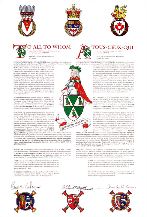 Letters patent granting differenced Arms to Tom Thornley McGillycuddy Stoker and Dermot McGillycuddy Stoker