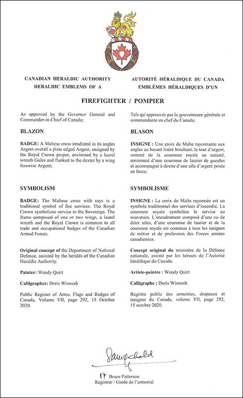 Letters patent approving the heraldic emblems of the Fire Fighter of the Royal Canadian Air Force