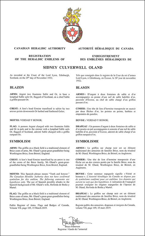 Letters patent registering the heraldic emblems of Sidney Culverwell Oland