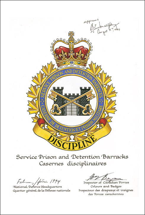 Lettres patentes approuvant l'insigne des Caserne de détention et prison des Forces canadiennes