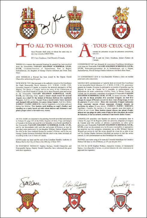 Letters patent granting heraldic emblems to Vaughn Solomon Schofield
