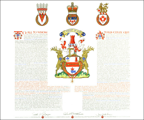 Letters patent registering the heraldic emblems of Alan Aylesworth Macnaughton