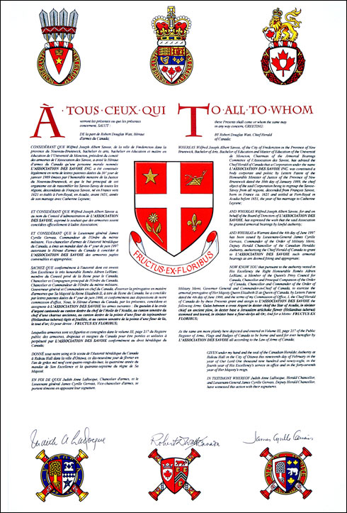 Letters patent granting heraldic emblems to L'Association des Savoie Inc.