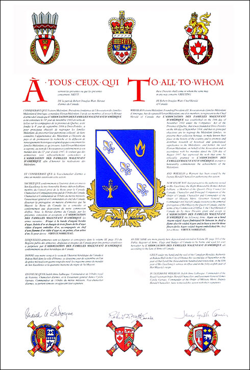 Letters patent granting heraldic emblems to L'Association des familles Malenfant d'Amérique