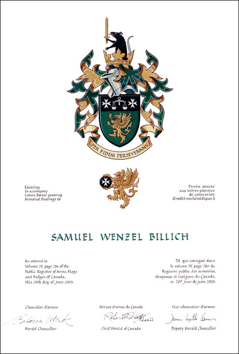 Letters patent granting heraldic emblems to Samuel Wenzel Billich