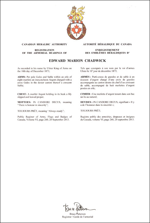 Letters patent registering the heraldic emblems of Edward Marion Chadwick