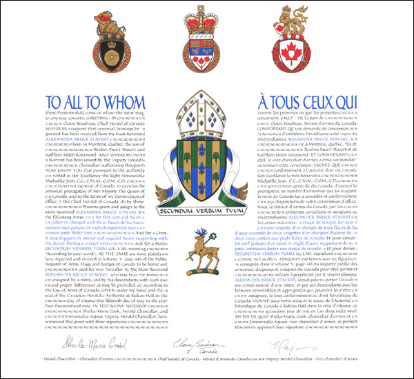 Letters patent granting heraldic emblems to Alexander Bruce Stavert