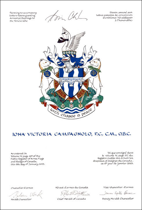 Letters patent granting heraldic emblems to Iona Victoria Hardy (Campagnolo)