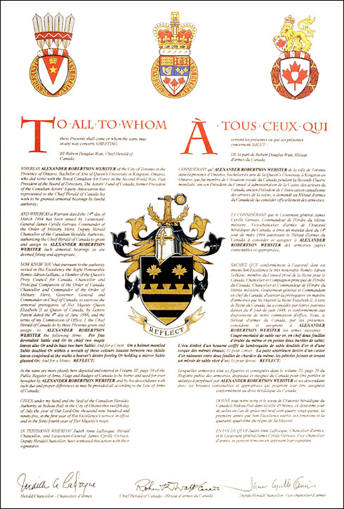 Letters patent granting heraldic emblems to Alexander Robertson Webster