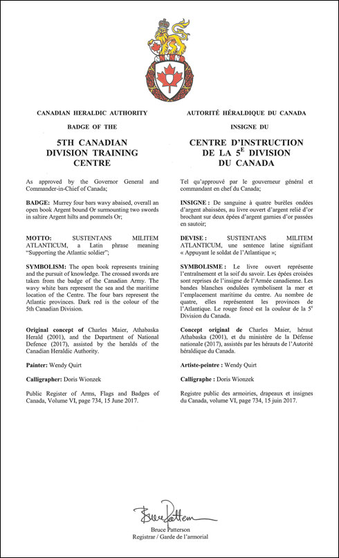 Lettres patentes approuvant l’insigne du Centre d’instruction de la 5e Division du Canada