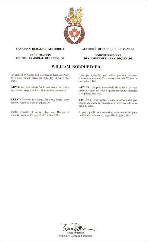 Letters patent registering the heraldic emblems of William Nordheimer