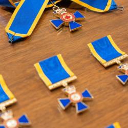 Plusieurs insignes ornés d'un ruban bleu et jaune sur une table en bois.