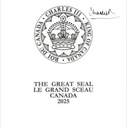 Great Seal of Canada on a piece of paper with King Charles III signature in the top right.