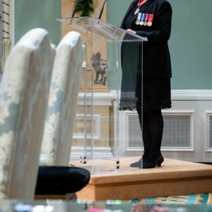 Governor General Mary Simon stands at a podium addressing the audience.