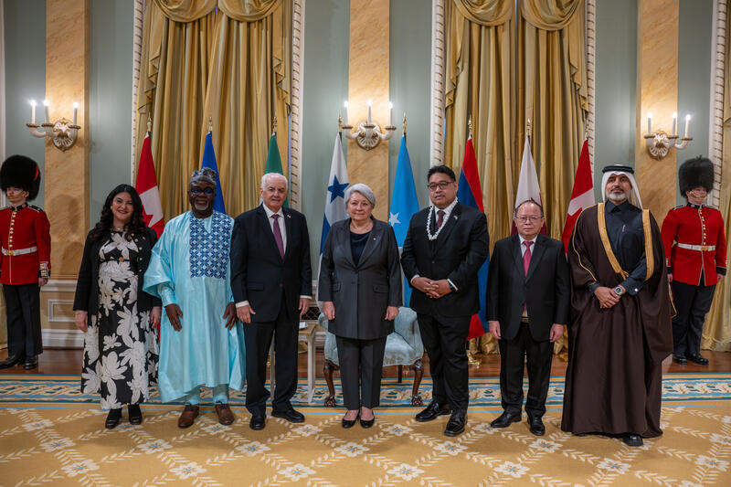 Governor General Simon standing with six&nbsp;new heads of mission, with the flags of each country behind them. Two Ceremonial Guards are in the back.