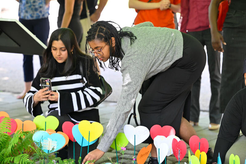 One person places a paper heart in a heart garden, while another takes photos of the hearts.