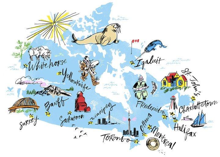 Shows a map of Canada with sketched drawings representing the cities where the Walrus talks will be happening.