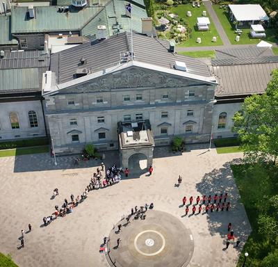 Drone shot Their Excellencies arriving at their new home following the Installation ceremony.