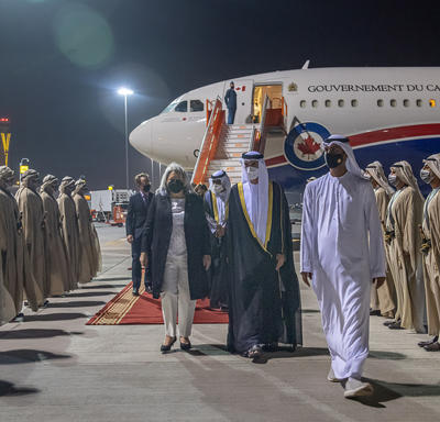 Governor General Mary Simon is welcomed on the tarmac in Dubai.