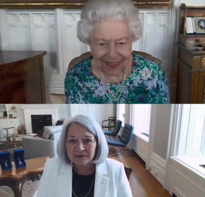 A split screen capture of Governor General Designate Mary May Simon and Her Majesty The Queen’s virtual meeting.
