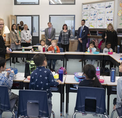The Governor General visits a classroom during their lunch break. 