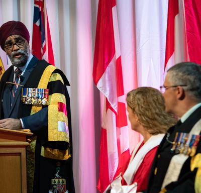 The Honourable Harjit S. Sajjan, Minister of National Defence, delivers remarks at the convocation ceremony. 