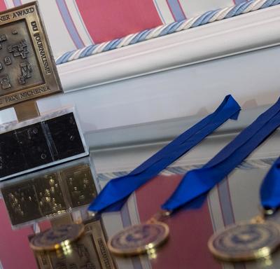 Close-up of medals.