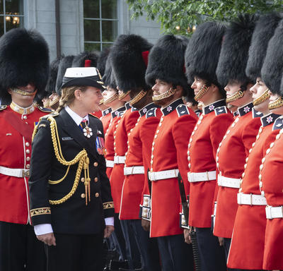 The Governor General inspects the Ceremonial Guard, accompanied by the Commander.