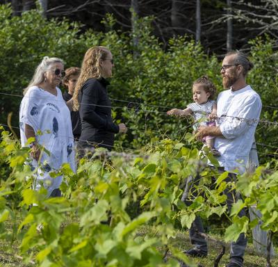 The Governor General speaks with Larence-Olivier Brassard between two vines at the Domaine des Salanges winery.