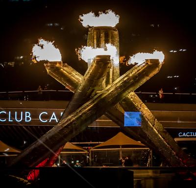The Vancouver 2010 Olympic Cauldron lit on a Vancouver night.