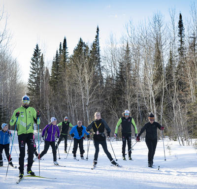 Competitive cross-country skiers racing down a trail.
