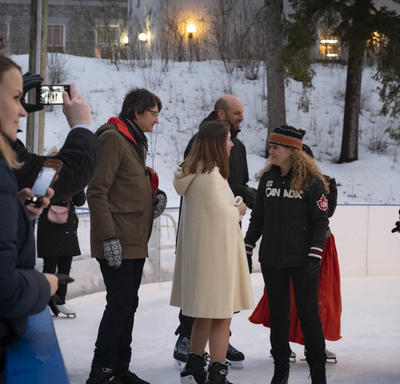 A photo of the Governor General meeting with members of the Diplomatic Corps at the Rideau Hall skating rink.