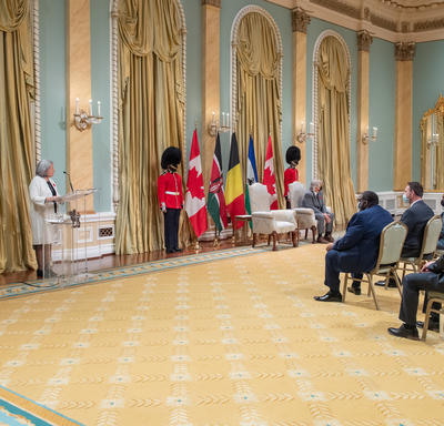 This is a wide shot of the Rideau Hall Ballroom. Her Excellency addresses the new heads of mission and their families.