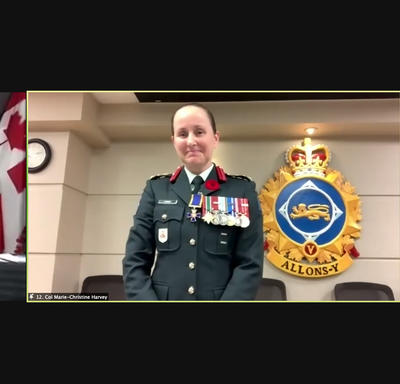 Split screen of Governor General Mary Simon and General Wayne Eyre and the Honours recipient – a woman in uniform.