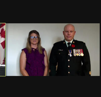 Split screen of Governor General Mary Simon and General Wayne Eyre and the Honours recipient – a man in uniform with a woman to his right. 