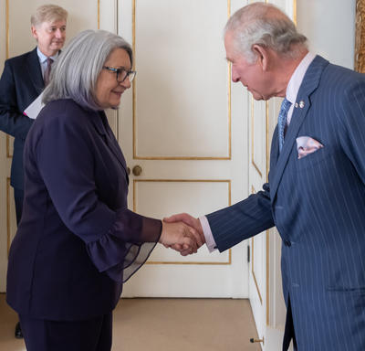 Governor General Mary May Simon is shaking hands with  His Royal Highness The Prince of Wales.